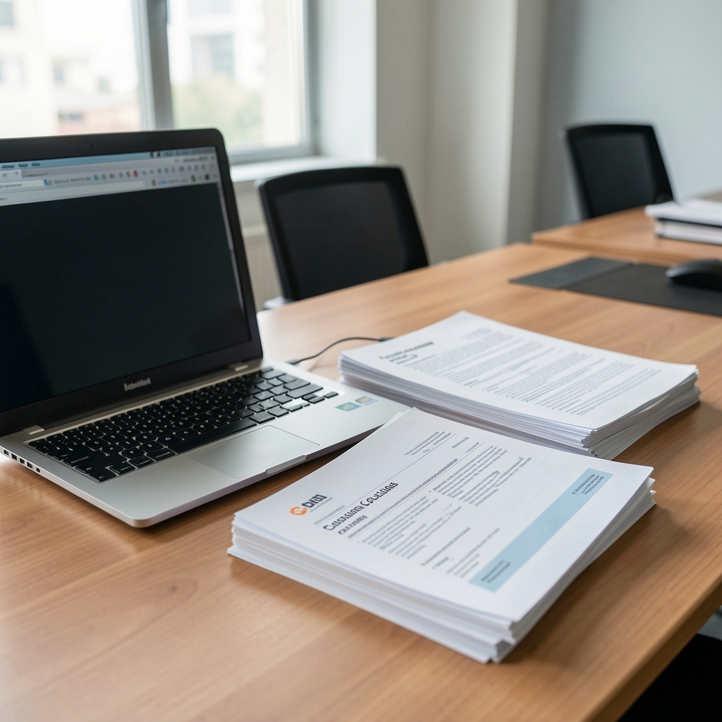 Documentos de normas contables argentinas apilados junto a una computadora portátil sobre un escritorio de oficina
