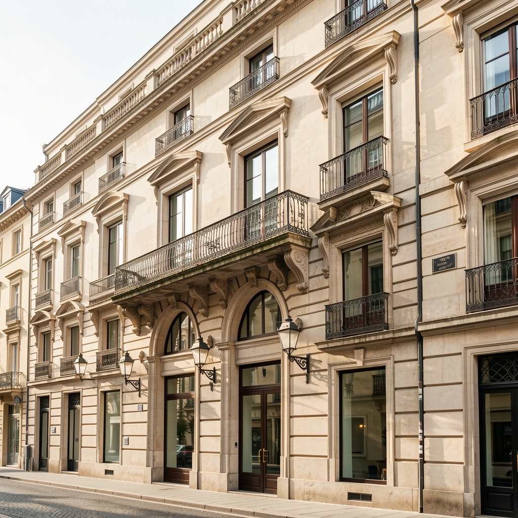 Fachada de un edificio de oficinas de estilo clásico en el barrio de San Telmo, Buenos Aires, con balcones de hierro forjado