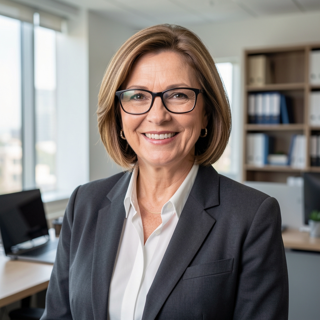 Retrato profesional de una contadora pública de mediana edad con anteojos, vestida formalmente, sonriendo en una oficina