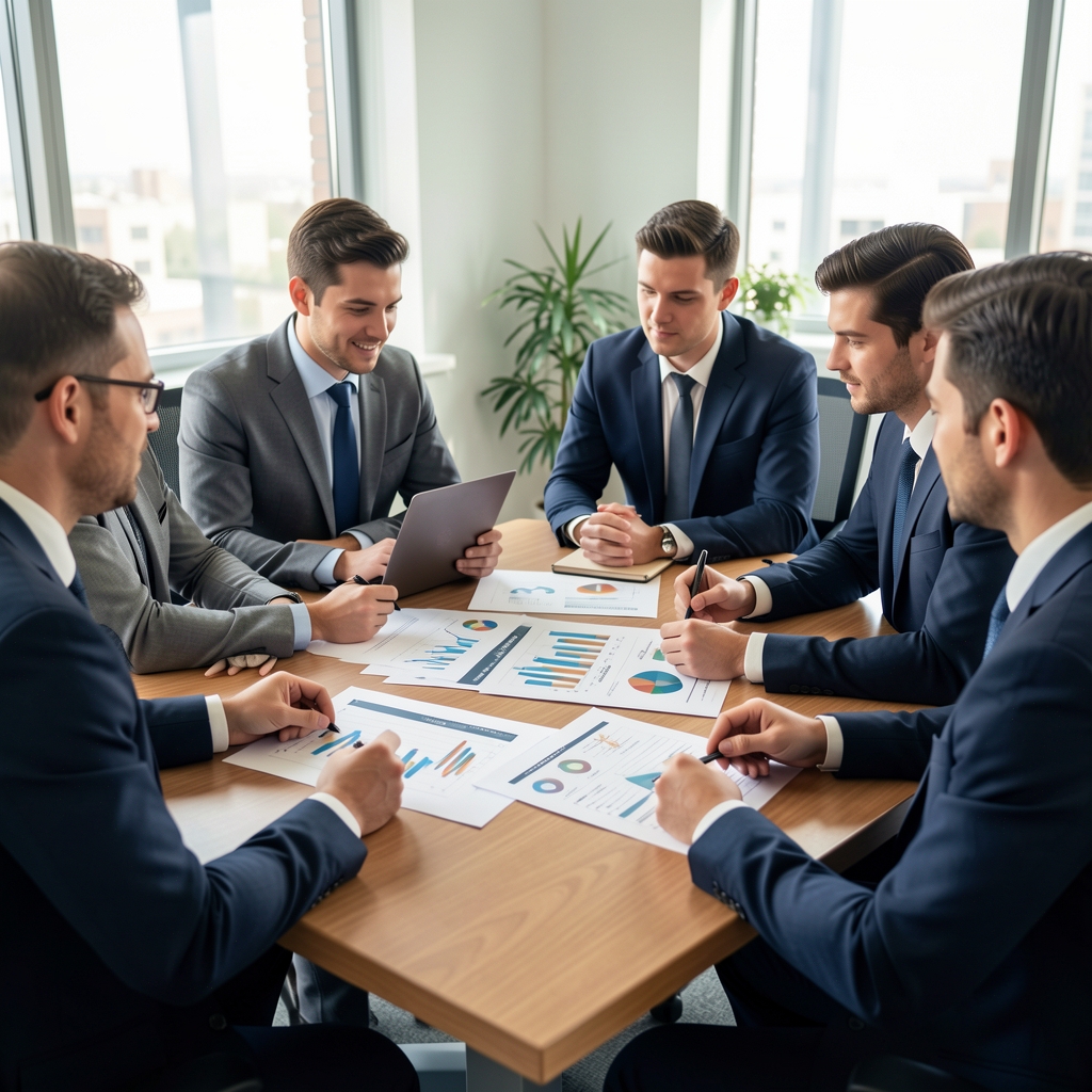 Equipo de analistas contables reunidos alrededor de una mesa revisando gráficos financieros impresos