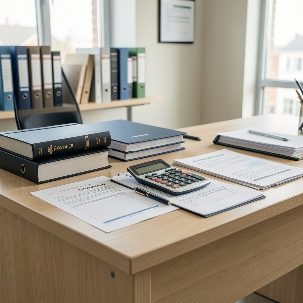 Escritorio de oficina contable con libros de balance, calculadora y documentos financieros ordenados sobre una mesa de madera clara