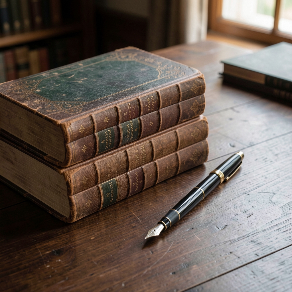 Libros contables antiguos de tapa dura junto a una pluma estilográfica sobre un escritorio de madera oscura