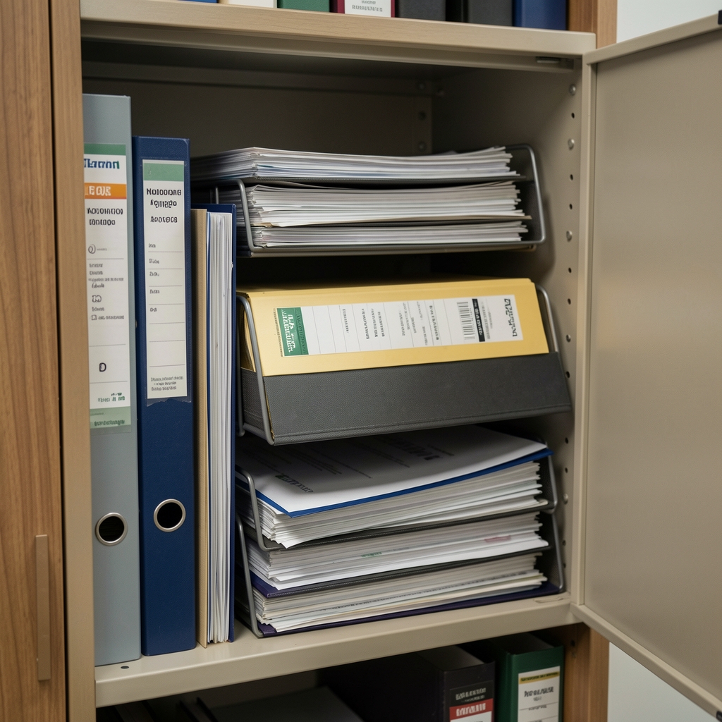 Carpetas y expedientes normativos organizados en un archivero de oficina contable
