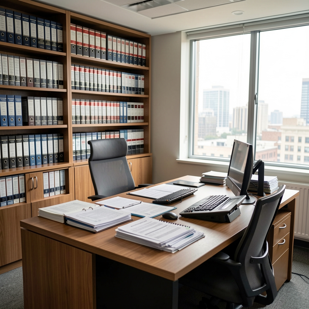 Interior de una oficina de análisis financiero con estanterías de libros contables y una mesa de trabajo con documentos ordenados