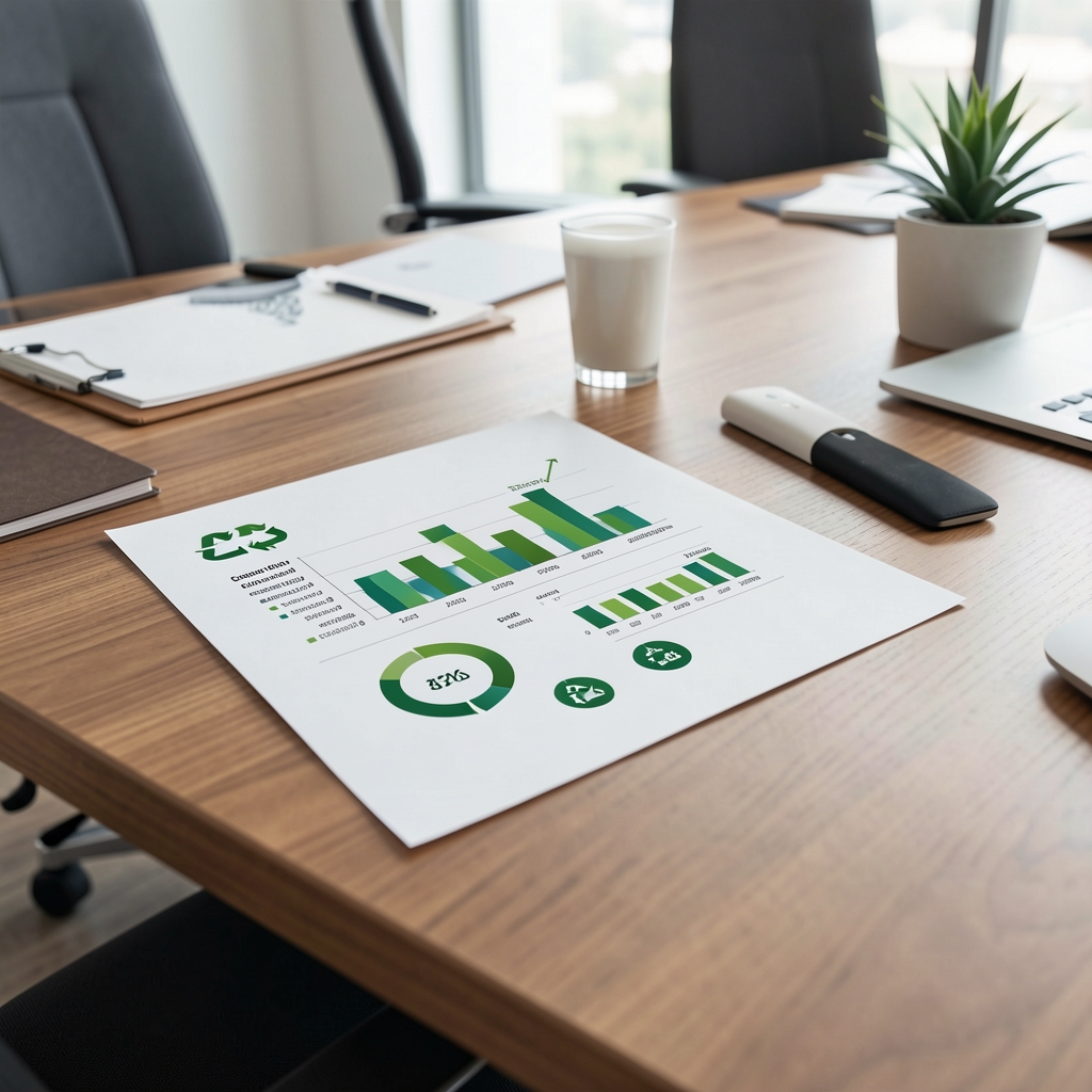 Informe de sostenibilidad corporativa impreso con gráficos de indicadores ambientales sobre una mesa de reuniones