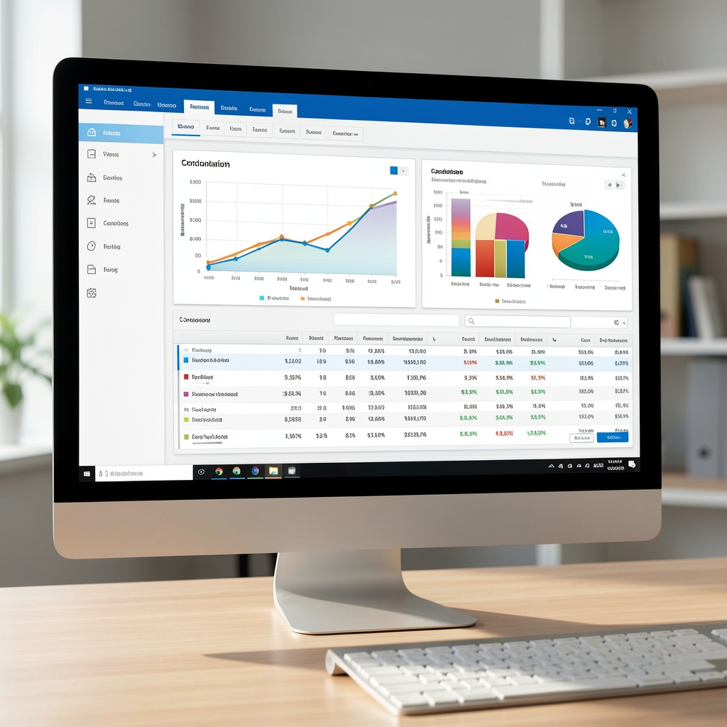 Pantalla de computadora mostrando un panel de control de software de contabilidad con gráficos y tablas de datos financieros